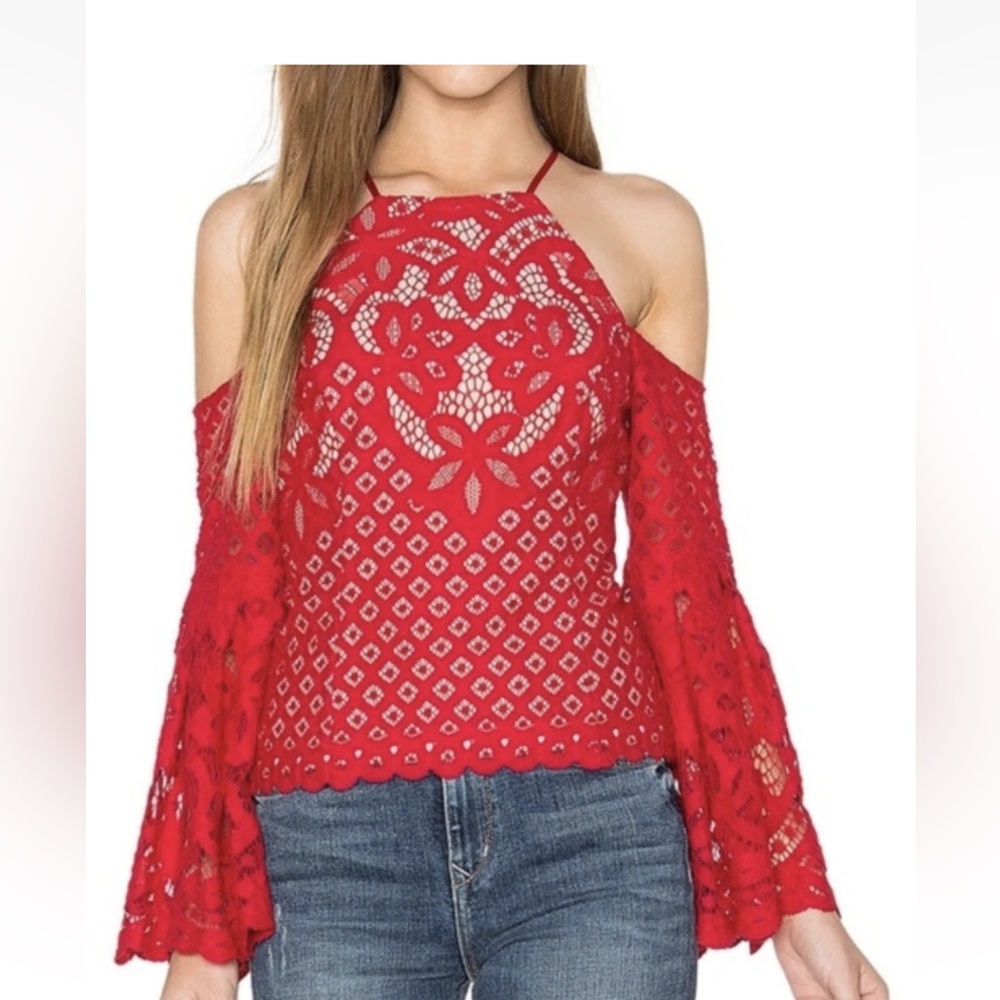 Bardot Red Lace Cold Shoulder Top
